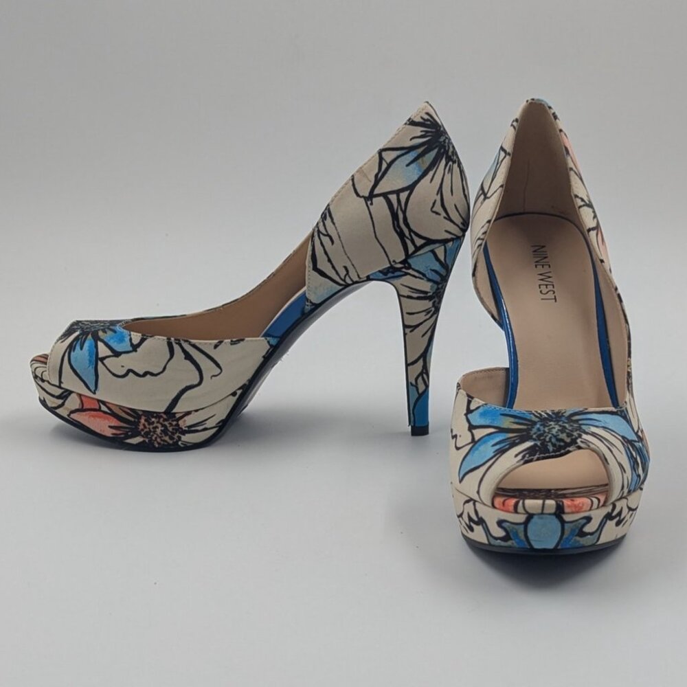 Nine West Blue Coral Orange Floral Peep Toe Stilleto Pumps | Size 7M